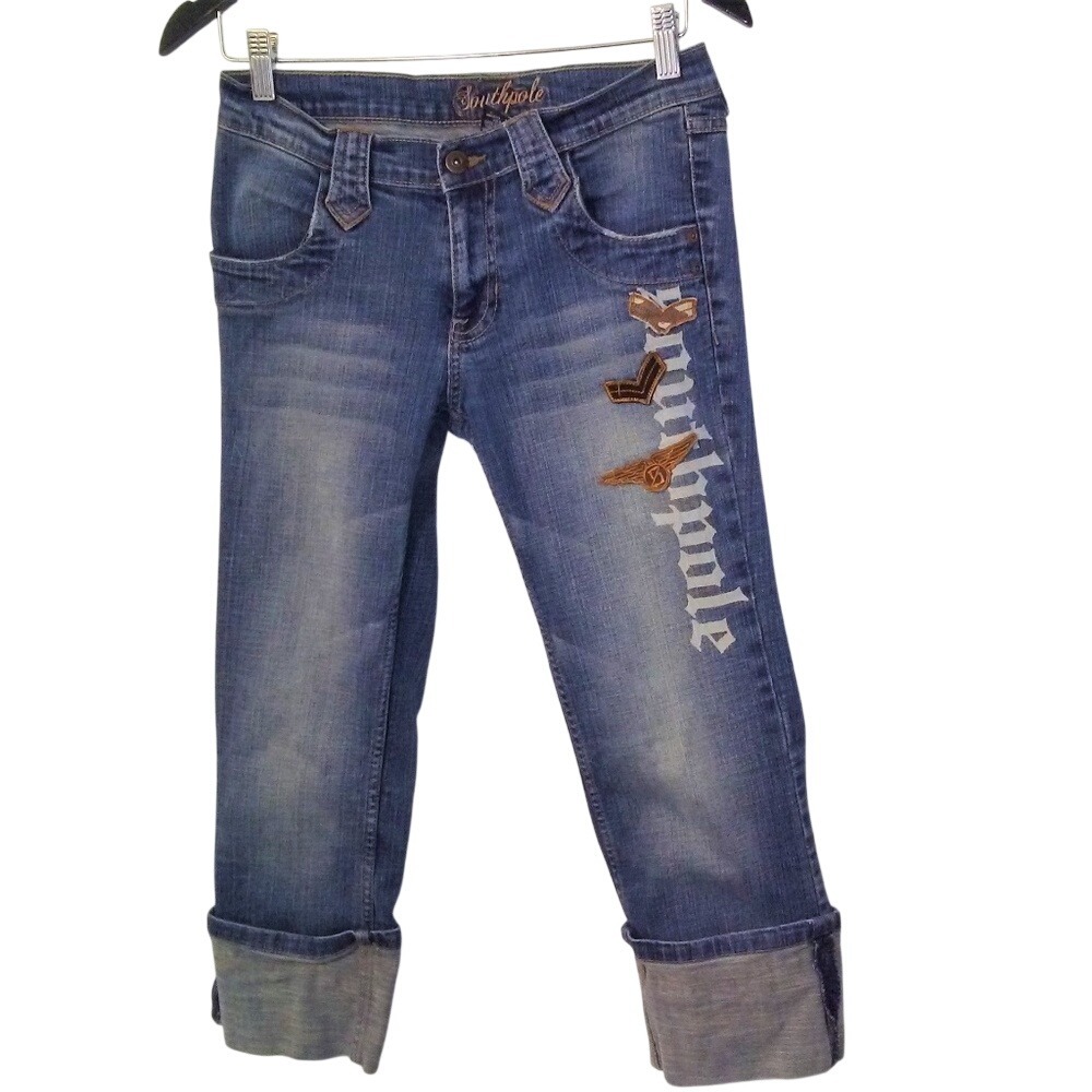 Southpole Womens Blue Graphic Patchwork Capri Jeans Size 7 Y2K Streetwear Medium